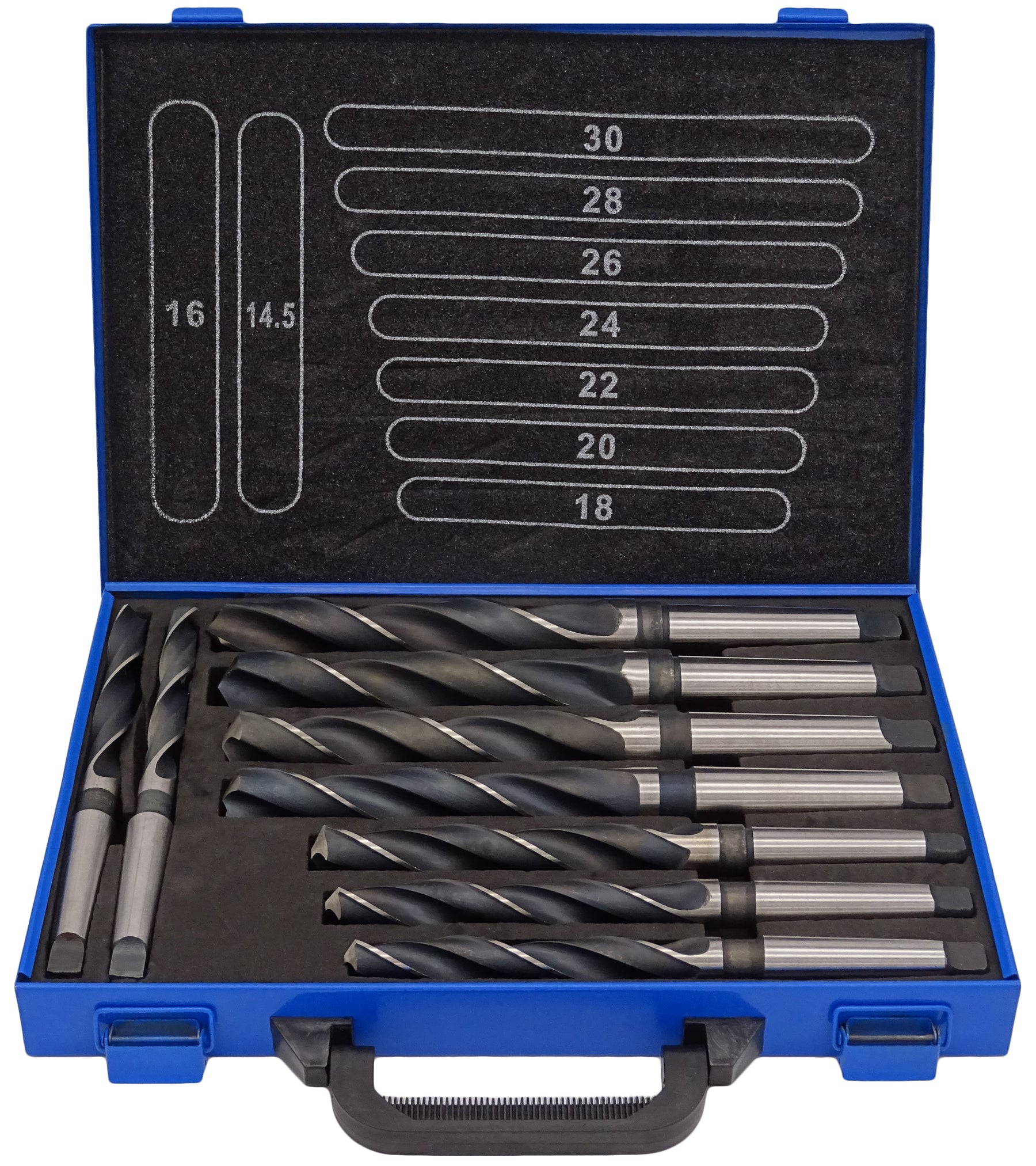 Spiralbohrer-Set 14,5-30 mm - 9-tlg. HSS Konusbohrer mit Morsekegel MK2/MK3 - Metallbohrer nach DIN 345 - Industriequalität
