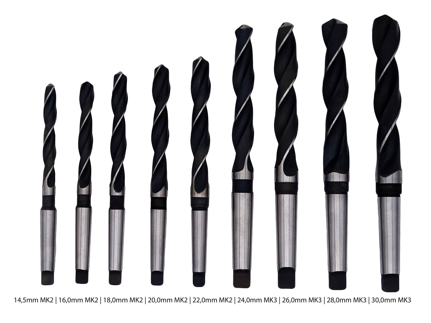 Spiralbohrer-Set 14,5-30 mm - 9-tlg. HSS Konusbohrer mit Morsekegel MK2/MK3 - Metallbohrer nach DIN 345 - Industriequalität